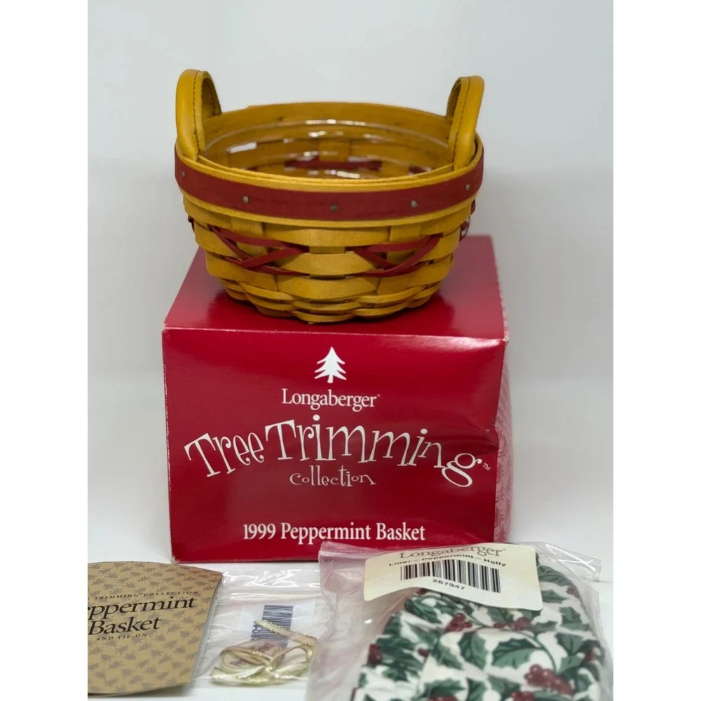 VTG Longaberger Peppermint Basket Red Yellow Tree Trimming 1999 Christmas Holida